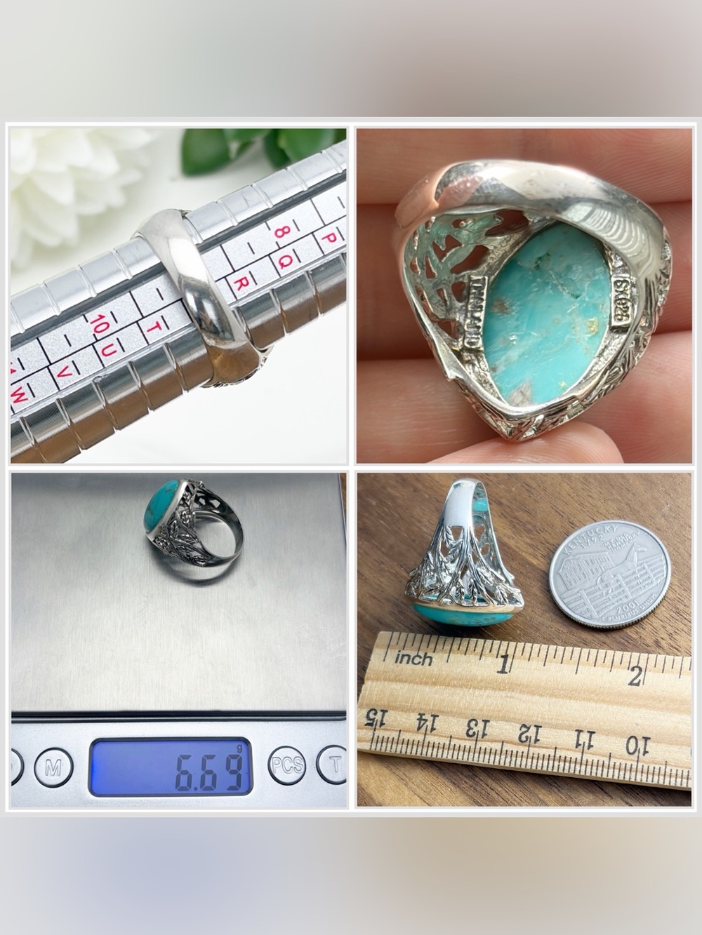 Vintage Sterling Silver 925 Marquise Turquoise Chunky Ring Size 9 Nice Condition - Picture 9 of 9